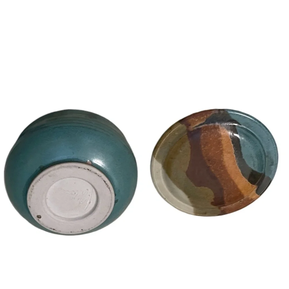 Vintage Handmade Clay Pottery Dish With‎ Lid Signed by Artist BrianTeal Blue